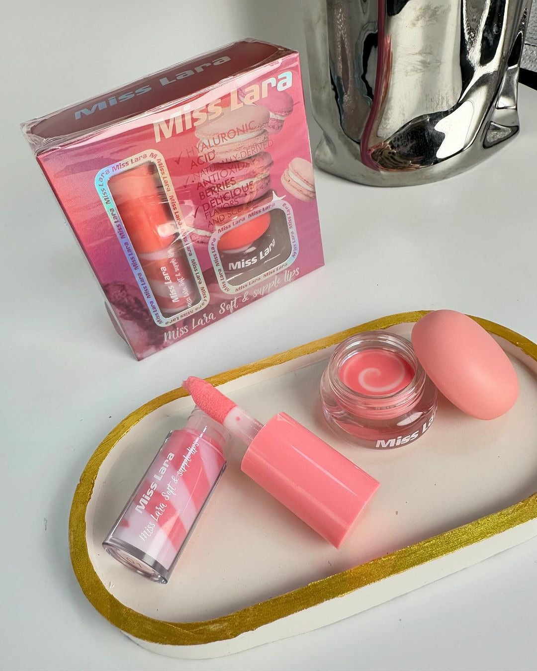 2Pcs Miss Lara Lip Gloss and Lip Balm Set, Mini Liquid Lipstick, Long-lasting Lipstick Set