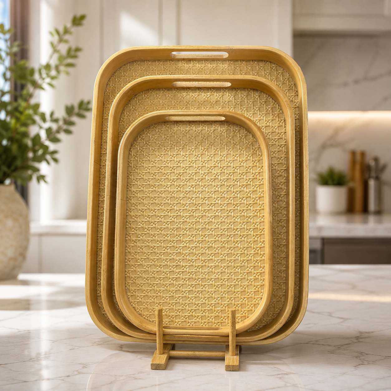 3pcs Bamboo Serving Tray Set,     Bamboo Serving & Display Tray Set,     Woven Design Bamboo Serving Trays, Natural Bamboo Breakfast & Serving Tray Set