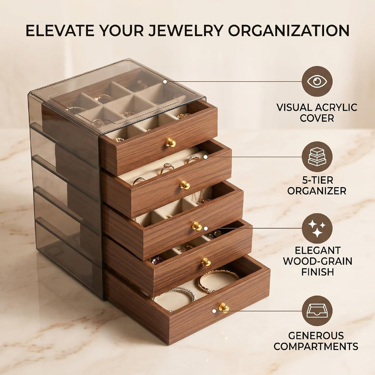 5 Tier Wooden Jewelry Organizer Box with Drawers, Transparent Acrylic and Wood Jewelry Storage Box, Multi Tier Jewelry Organizer Cabinet for Women
