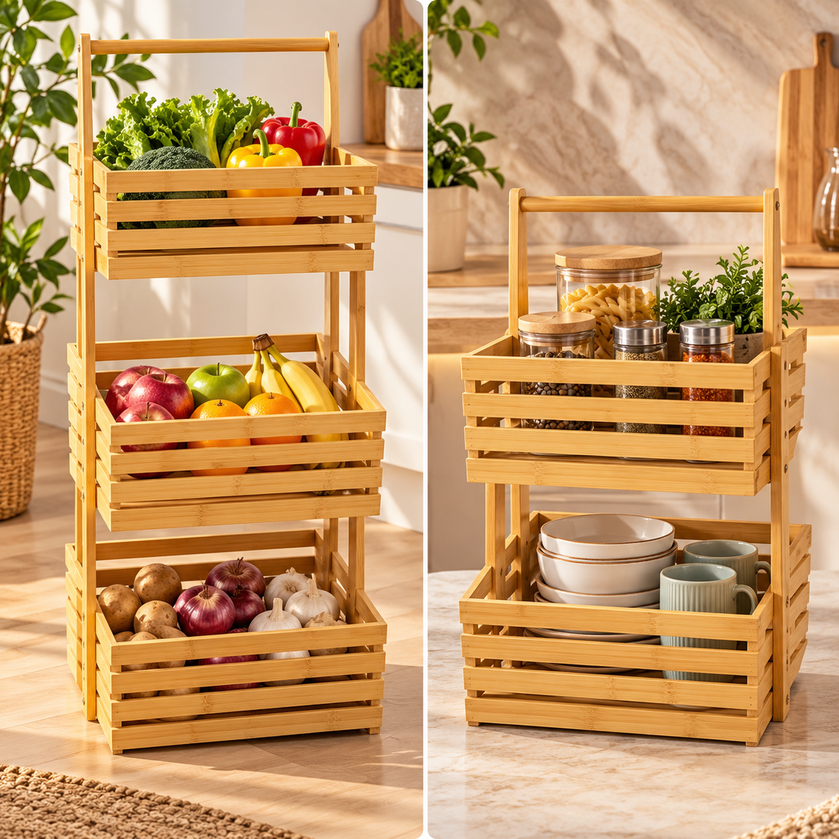 Multi Tier Bamboo Storage Basket, Wooden Kitchen Fruit & Vegetable Rack with Handle, Wooden Slatted Storage Basket Stand, Multi Tier Bamboo Kitchen Organizer