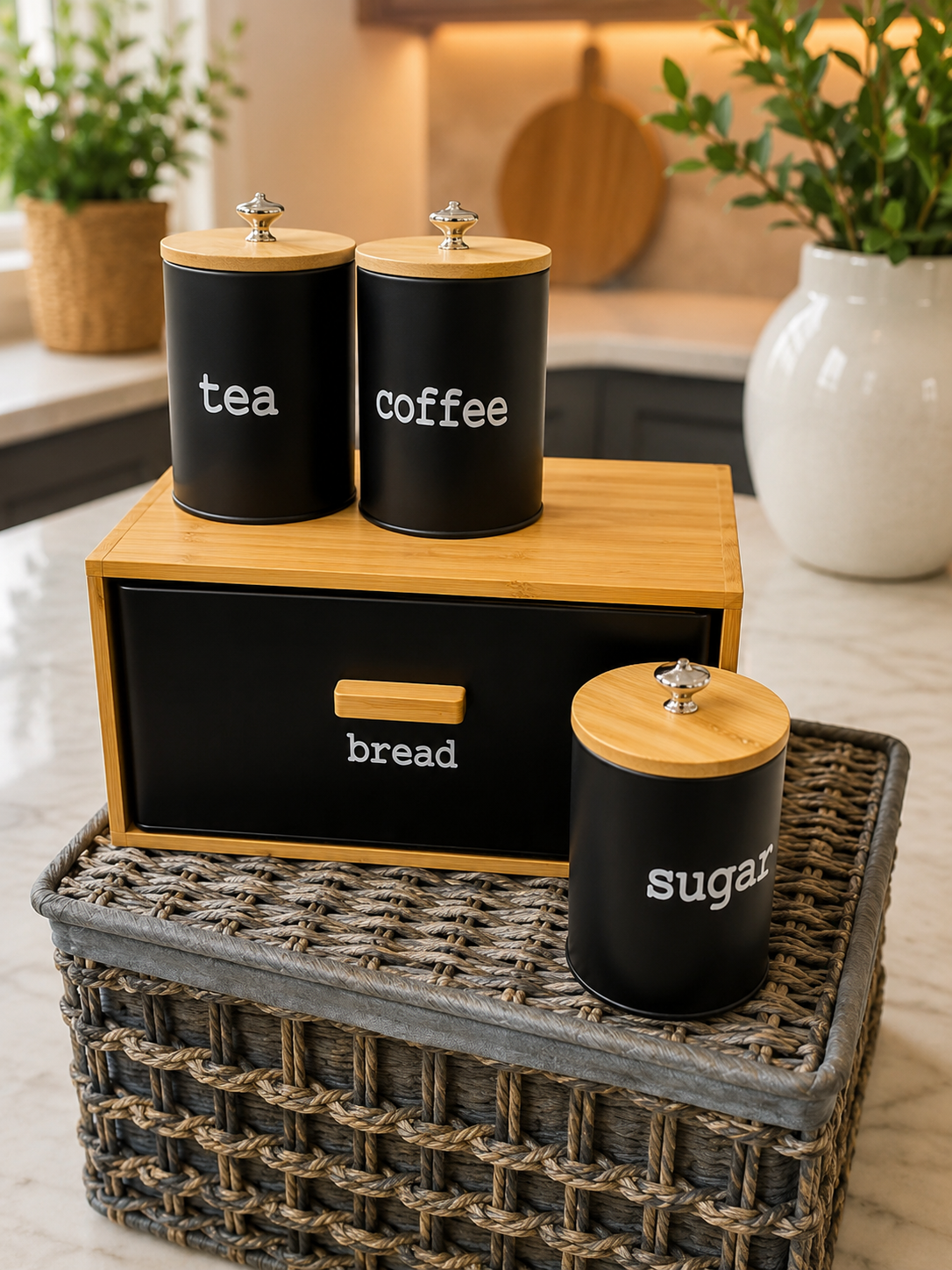 4pcs Nordic Bamboo Bread Box Set, Countertop Bread Box & Sugar Coffee Tea Set, Bamboo Bread Bin with Storage Canisters, Kitchen Counter Organizer Set