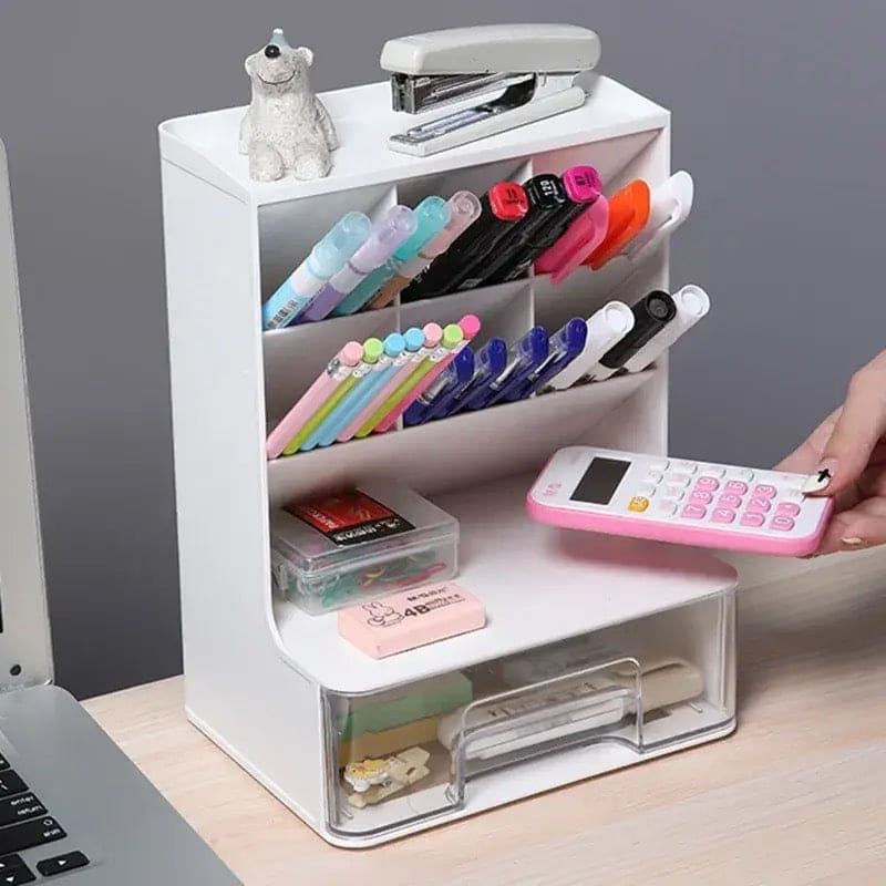 Slop Desktop Storage Box With Drawer, Classify Drawer Type Storage Box, 6 Compartment Multipurpose Organizer With Drawer, Rounded Corners Desk Stationary Organizer, Office School Inclines Desk Pen Organizer