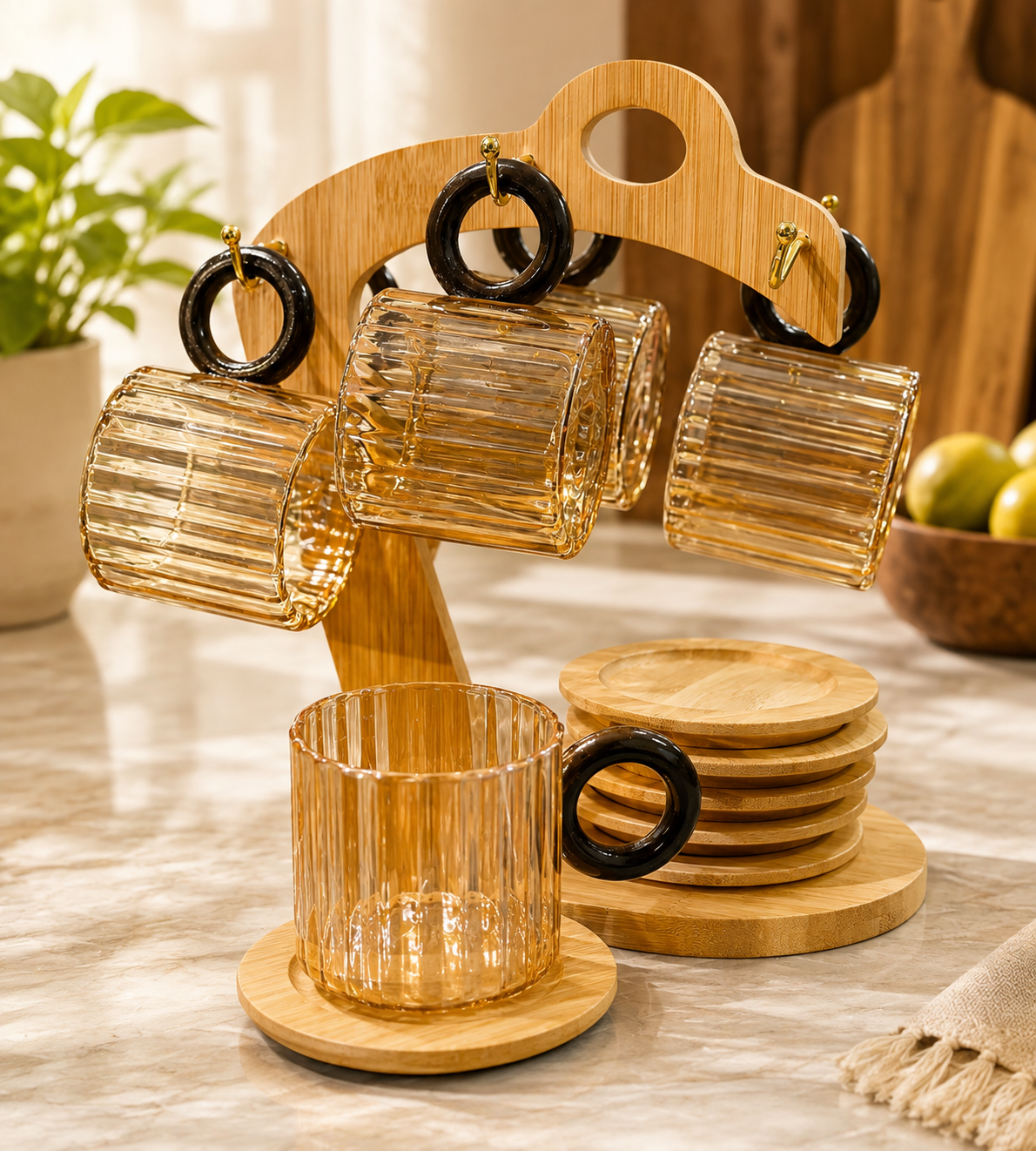 6pcs Ribbed Glass Cups with Bamboo Stand, Countertop Glass Mug Holder And Coaster Set, Fluted Glass Mugs with Bamboo Rack
