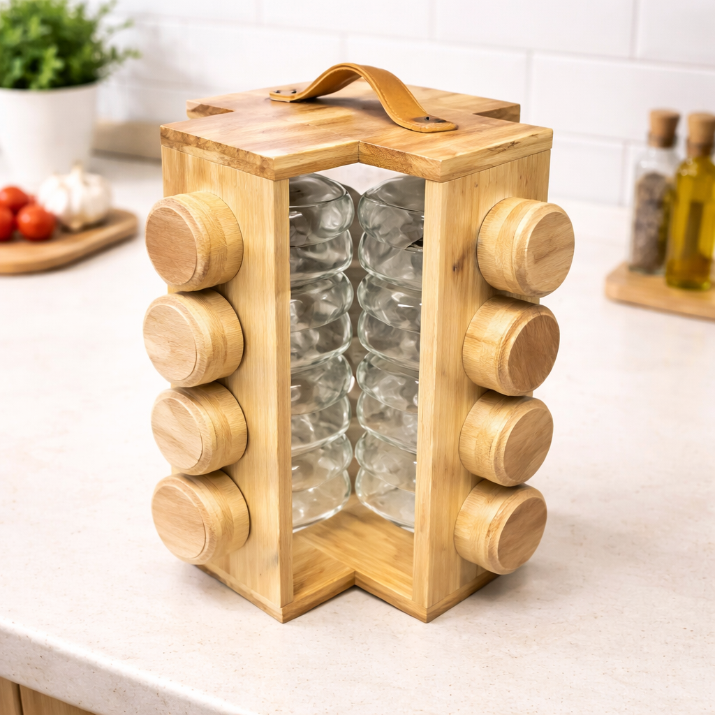 Rotatable Wooden Spice Jar With Handle, Kitchen Masala Rack with Jars Set, Spice Jar Stand, Kitchen Storage Organizer