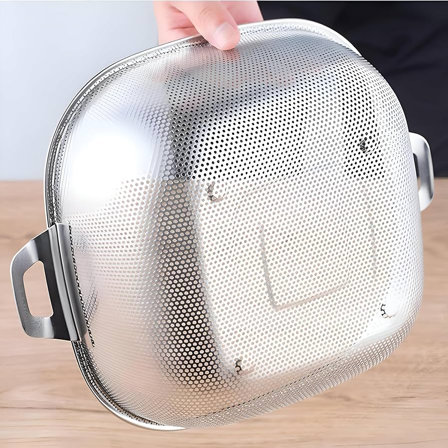 Square Shape Stainless Steel Strainer With Handle, Vegetable and Fruit Washing Strainer, Vegetable Strainer Bowl, Kitchen Steel Mesh Strainer Colander