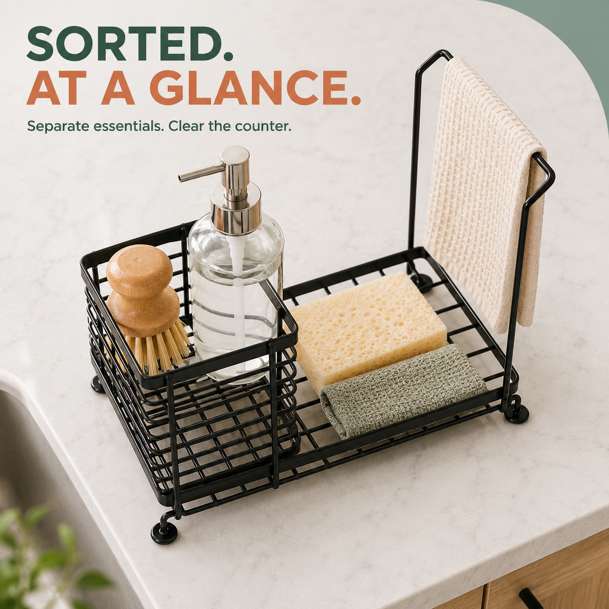 Kitchen Sink Caddy Organizer with Towel Holder, 2 In 1 Kitchen Sink Storage Rack, Space Saving Sink Storage Rack, Sink Caddy Organizer