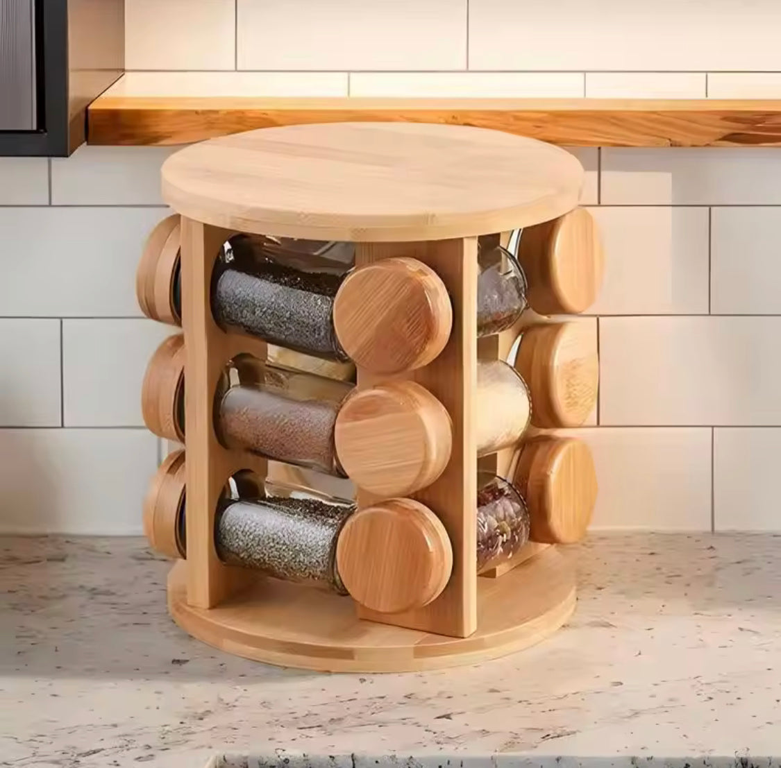 360° Rotating Wooden Spice Jar Organizer, Round Shape Kitchen Masala Rack with Jars Set, Spice Jar Stand, Kitchen Storage Organizer