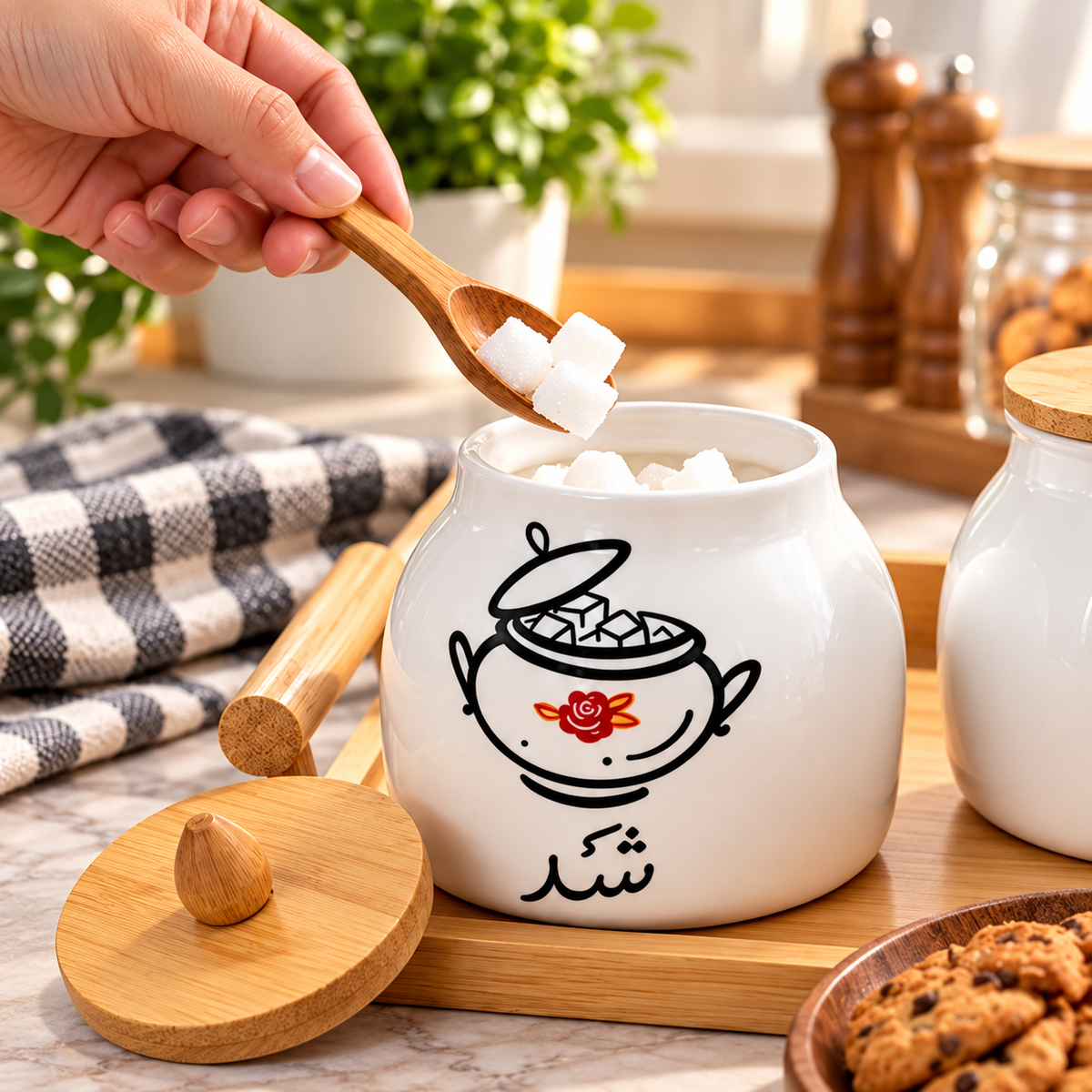 Ceramic Tea And Sugar Jar Set with Bamboo Tray, Elegant Chai And Shakar Container Set, Ceramic Tea Sugar Organizer with Bamboo Tray