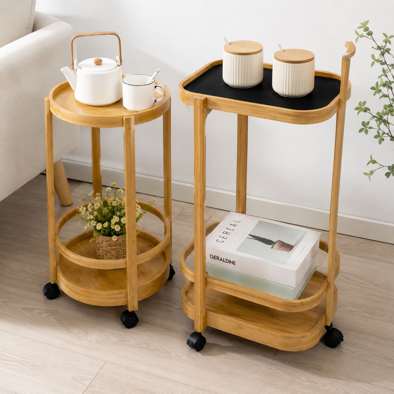 2 Tier Bamboo Rolling Serving Trolley, Multi Purpose Kitchen & Dining Cart, Dining Table Serving Trolley, Wooden Rolling Food Serving Cart