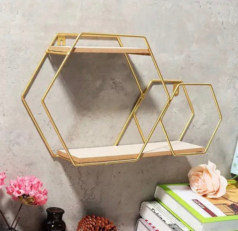 Double Layer Hexagonal Wall Floating Shelf, Nordic Style Hexagon Wall Shelf, Wall Mounted Rack for Books