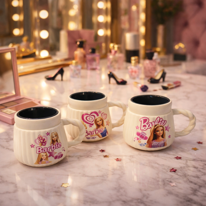 Barbie Inspired Ceramic Coffee Mug, Cute Barbie Ceramic Mug, Aesthetic Pink Barbie Coffee Cup, Cartoon Printed Ceramic Coffee Mug  (1pc)
