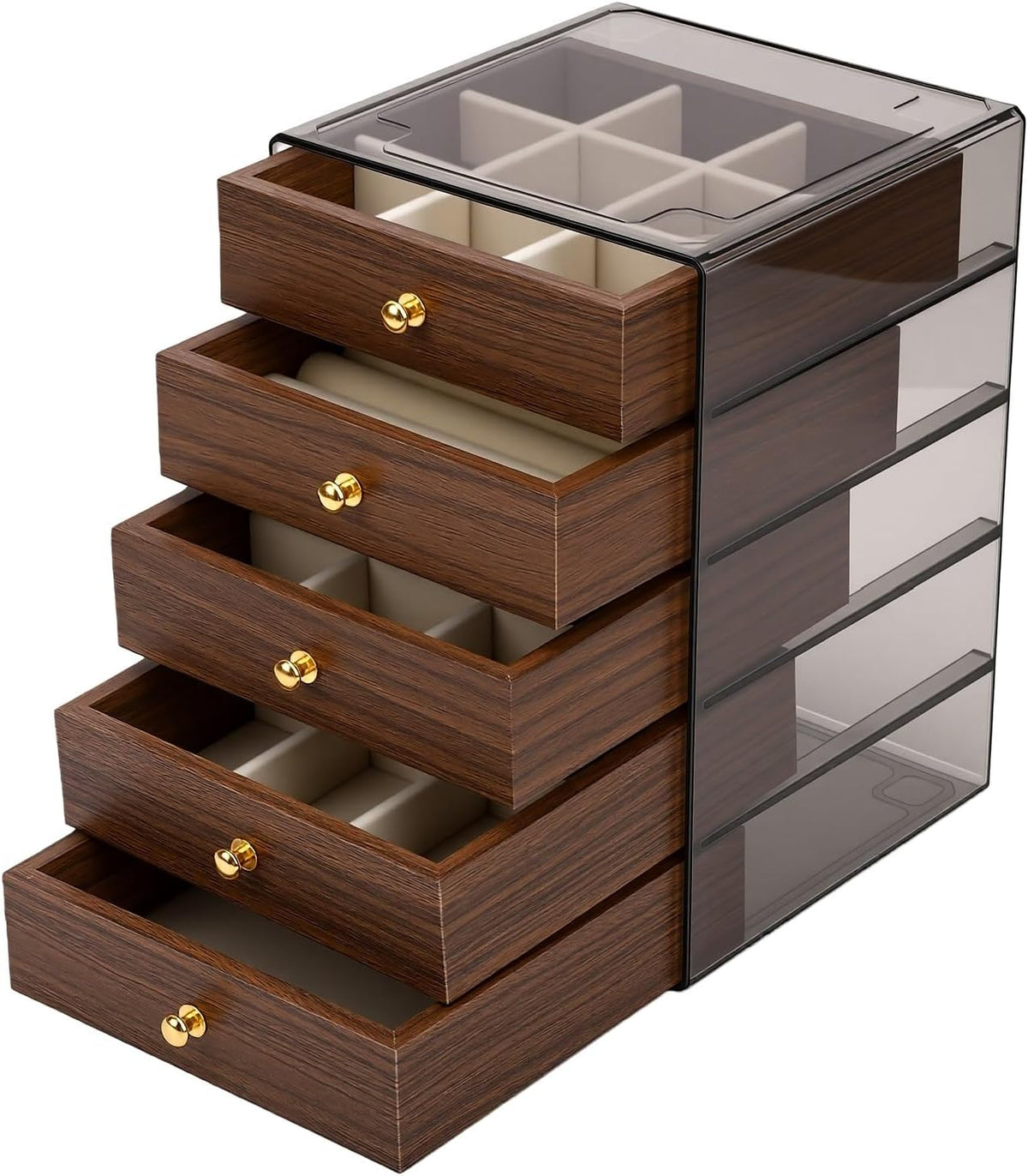5 Tier Wooden Jewelry Organizer Box with Drawers, Transparent Acrylic and Wood Jewelry Storage Box, Multi Tier Jewelry Organizer Cabinet for Women