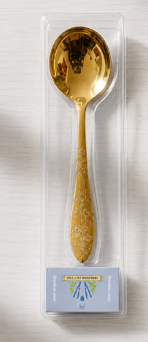 Decorative Gold Kitchen Serving Spoon, Elegant Dining Serving Utensils Spoon, Stainless Steel Gold Serving Spoon Spoons, Vintage Floral Gold Serving Spoon