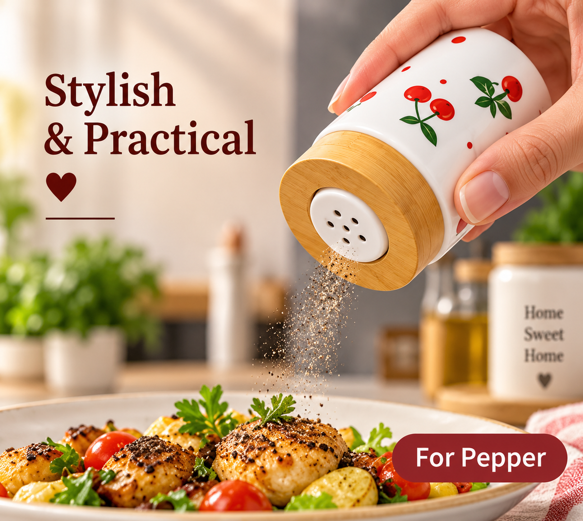Cherry Print Ceramic Salt & Pepper Shaker Set, Salt Pepper Jar Set with Bamboo Stand, Cute Cherry Salt And Pepper Pots, Kitchen Organizer