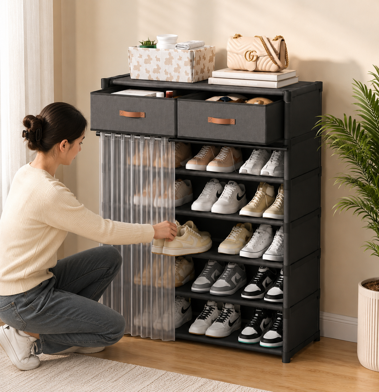 Dustproof Shoe Rack Organizer with Storage Drawers, Multi Layer Shoe Storage Rack with Sliding Dustproof Curtain, Shoe Cabinet with Fabric Drawers & Dust Cover