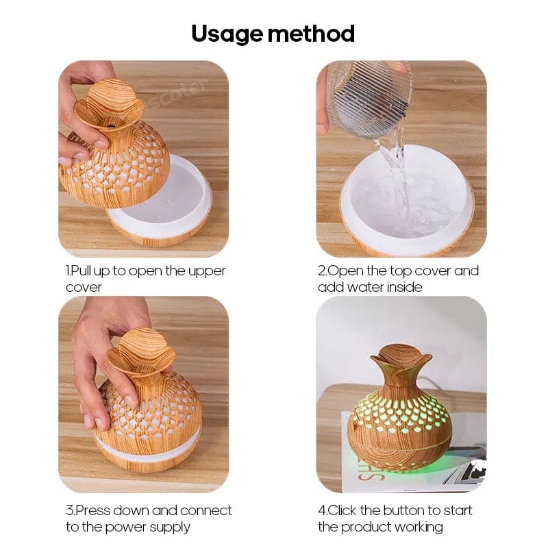 Mini Vase Air Humidifier, Wood Grain Flower Humidifier, 300ml USB Aroma Diffuser,  Electric Ultrasonic Water Aroma Essential Oil Diffuser, Home Room Fragrance Air Purifier, 7 Color Portable Cool Mist Humidifier