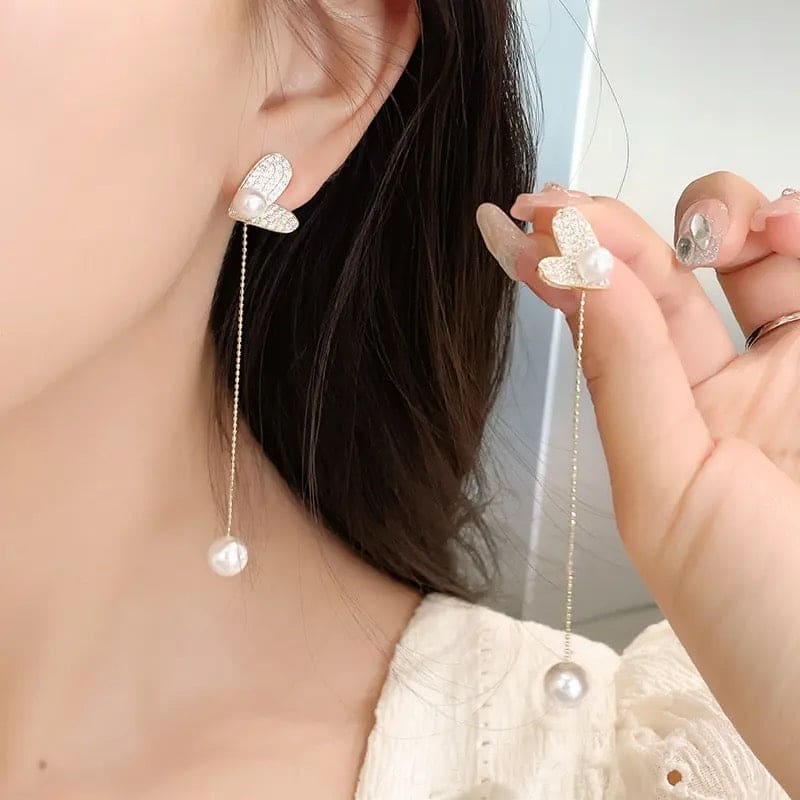 Flexible Heart Top Crystal Earrings, Hollow Heart Drop Earrings, Adjustable Pearl Tassel Ear Jewellery, Luxury Long Simulation Pearl Earrings For Women
