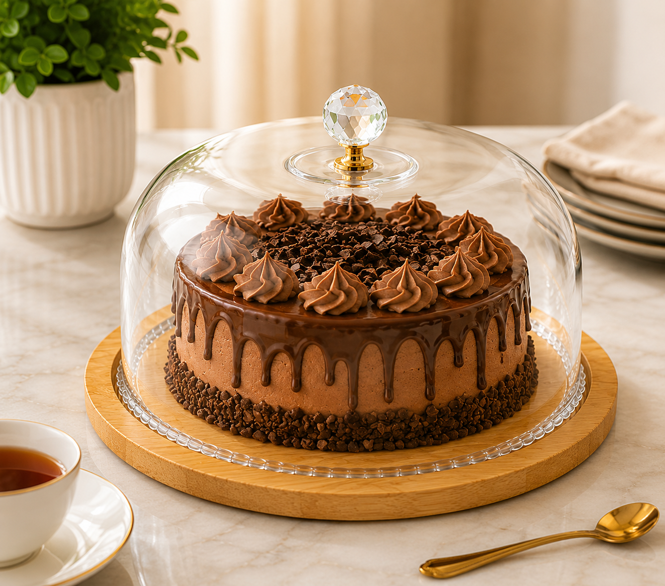 Transparent Cake Display Dome with Wooden Stand, Round Glass Food Display Cover, Decorative Glass Cloche, Food Display Cloche with Wooden Serving Tray