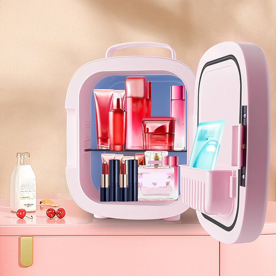 Portable Mini Fridge For Skin Care, Cosmetic Refrigerator With Mirror And LED, Mini Table Top Skin Care Fridge
