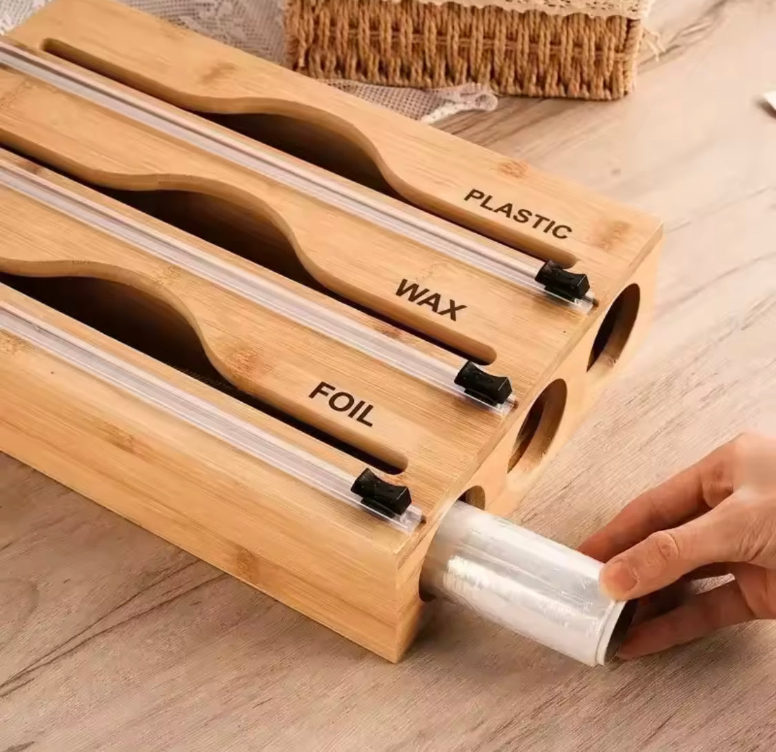 Wall Mounted Bamboo Foil Cling Film Cutter, Foil Dispenser With Cutter, Kitchen Wrap Dispenser, Kitchen Organization, Bamboo Plastic Film Cutter, Wall Film Dispenser