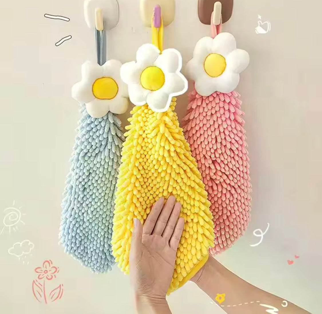 Set Of 3 Chenille Hand Towel with Hanging Loops, Sun Flower Thickened Absorbent Dish Cleaning Cloth, Kitchen Cleaning Towel