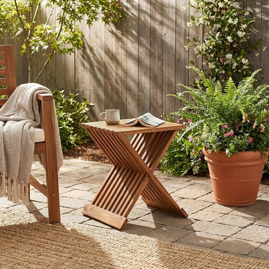 Wooden X Frame Folding Stool, Multipurpose Bamboo Folding Stool And Side Table, Space Saving Bamboo Folding Stool