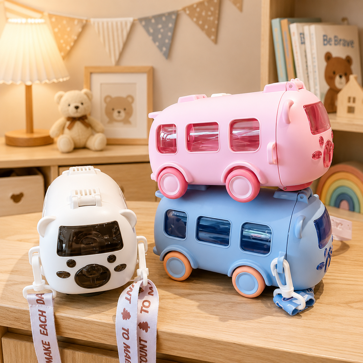 Cute Bus Shape Kids Water Bottle, Portable Bus Shape Water Bottle, Cute Travel Bus Kids Bottle, Bus Style Kids Water Bottle With Strap