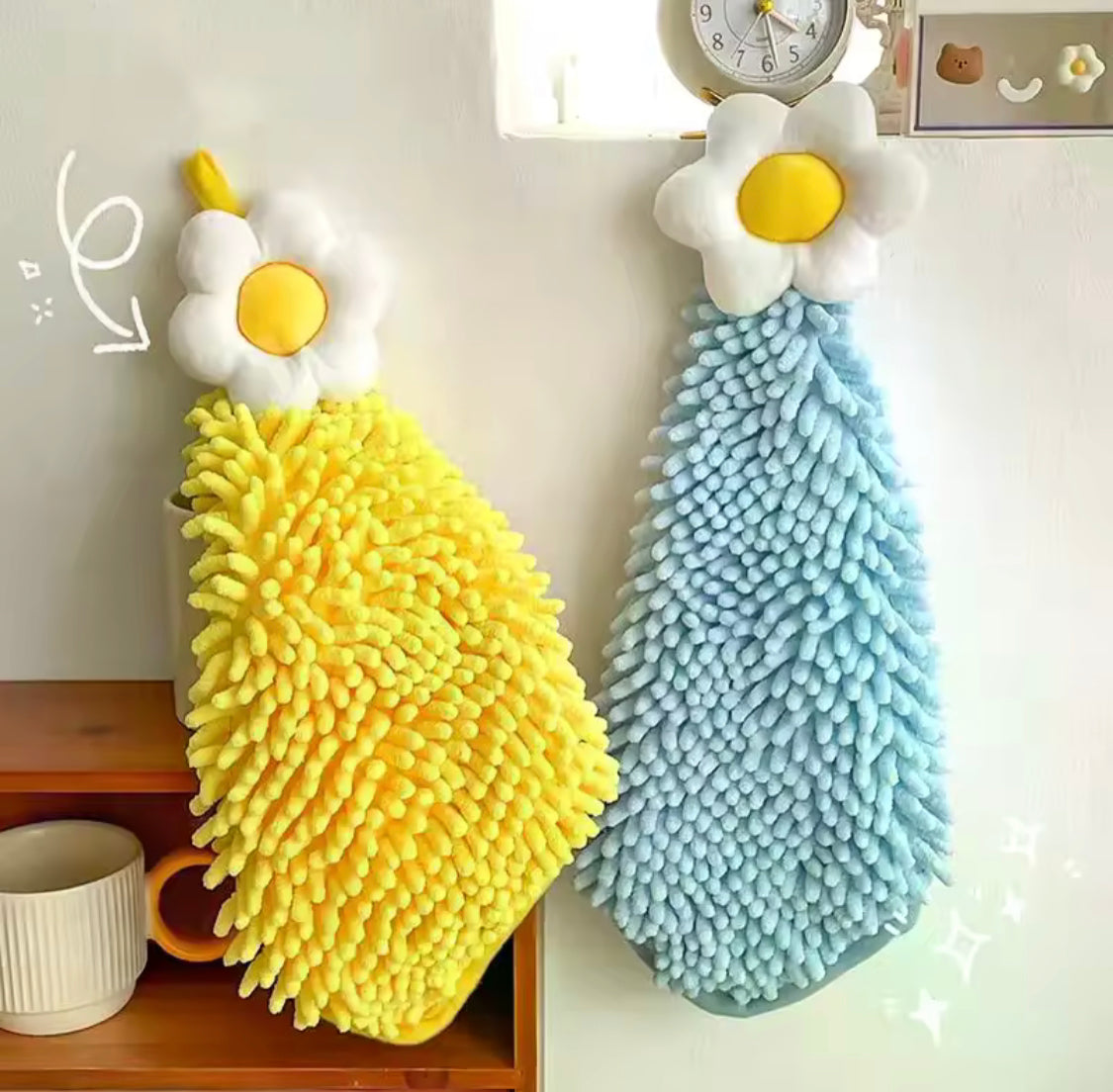 Set Of 3 Chenille Hand Towel with Hanging Loops, Sun Flower Thickened Absorbent Dish Cleaning Cloth, Kitchen Cleaning Towel