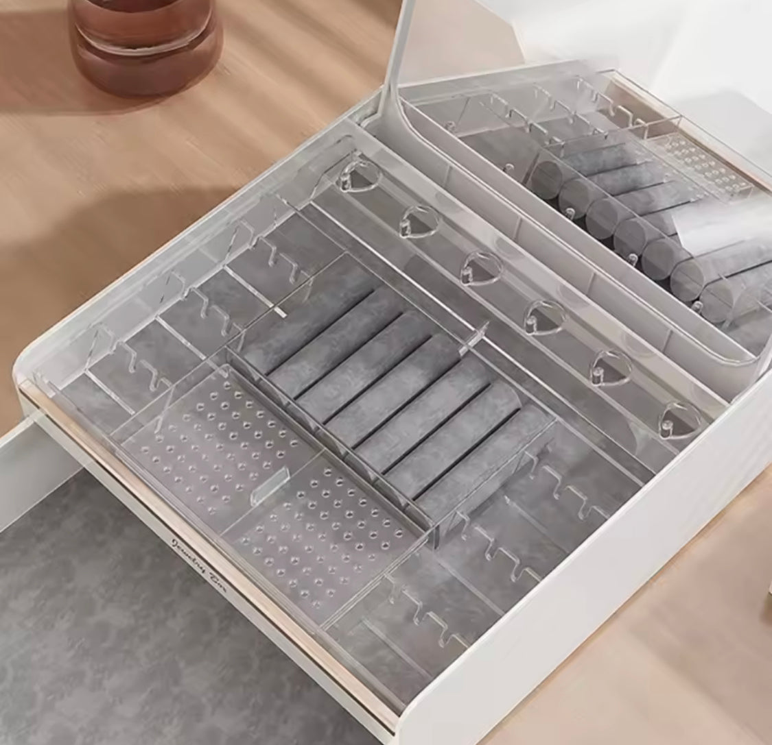 Multi Compartment Jewelry Storage Box with Mirror, Vanity Jewelry Organizer with Drawer & Mirror, Double Layer Jewelry Storage Box