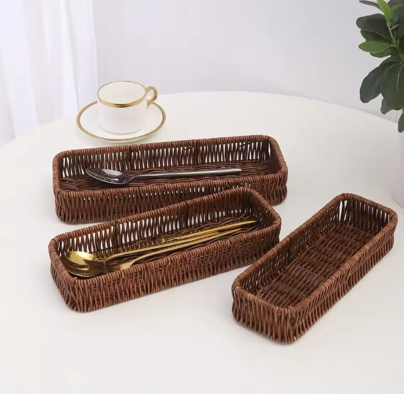 Durable Plastic Imitation Rattan Storage Basket, Kitchen Drawer Organizer, Rectangle Home Desk Decoration Tray, Square Serving Basket