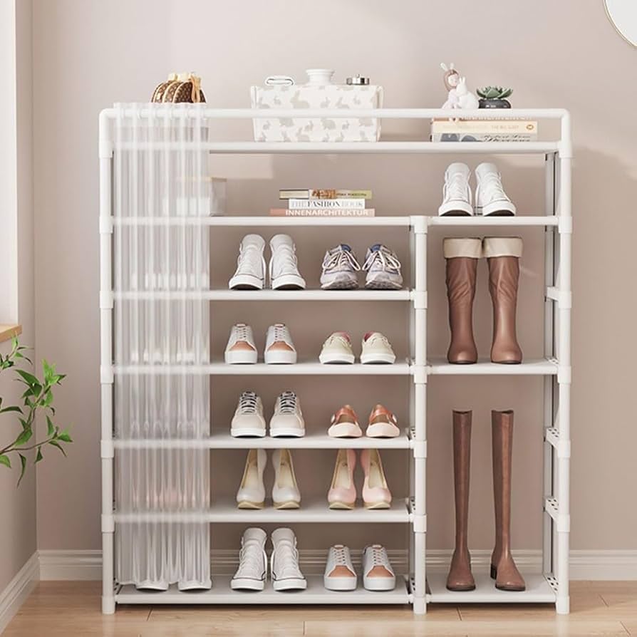Dustproof Shoe Rack With Curtain, Stackable Multilayer Shoe Rack, Space Saving Footwear Organizer, Shoe Rack Organizer Cabinet With Curtain