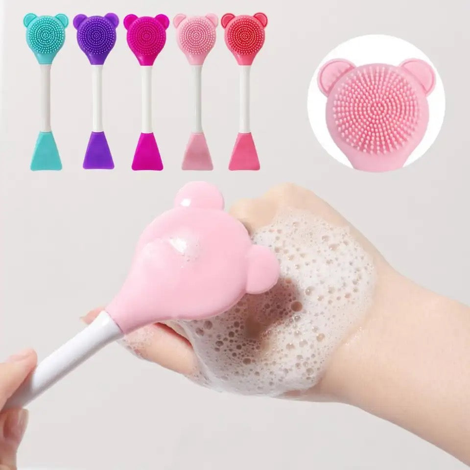 Bear Double Head Face Brush, Silicone Mud Film Facial Brush, Multifunctional Long Handle Silicone Applicator Women, Face Mask Cream Sticks Brush, Facial Mask Applicator, Makeup Removal Scrubber,  Portable Salon Spa Facial Cleansing Brush