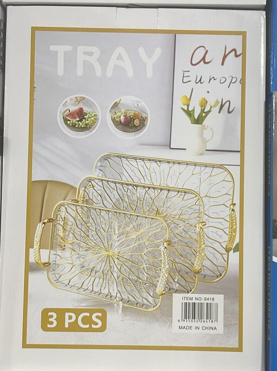 Elegant 3 Piece Serving Tray Set, Dinnerware Serving Tray, Set Of 3 Glass Tray Set