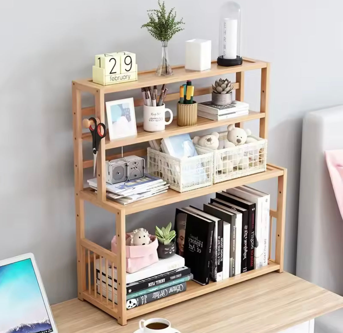 Multi Tier Wooden Bookshelf Organizer, Multifunctional Kitchen Storage Rack, Desktop Sundries Stationery Organizer