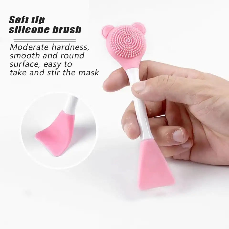 Bear Double Head Face Brush, Silicone Mud Film Facial Brush, Multifunctional Long Handle Silicone Applicator Women, Face Mask Cream Sticks Brush, Facial Mask Applicator, Makeup Removal Scrubber,  Portable Salon Spa Facial Cleansing Brush