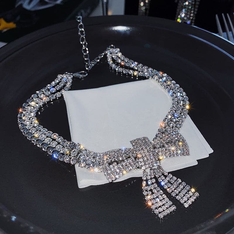Shiny Crystal Bowknot Necklace, Long Tassel Rhinestone Necklaces, Luxurious Bowknot Pendant Necklace, Sparking Crystal Pave Bowknot Pendant, 3D Bowknot Pendant Necklace Jewellery