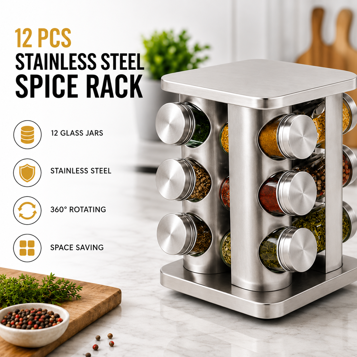 Stainless Steel 360° Rotating Spice Rack Organizer, Countertop Spice Rack with Rotating Base, Revolving Spice Rack with 12 Glass Jars, Space Saving Spice Rack Organizer, Kitchen Spice Carousel With Refillable Jars