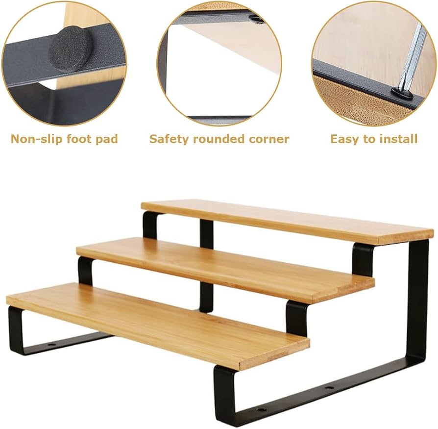 3 Step Bamboo Seasoning Organizer Shelf, Spice Storage Holder, Wooden Display Spice Rack Stand, Kitchen Gadgets