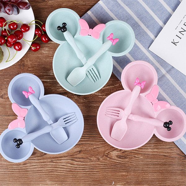 Mickey Mouse Plate Set With Spoon And Fork, Kids Cartoon Dinner Plate Set, Kids Feeding Plate With Spoon Set