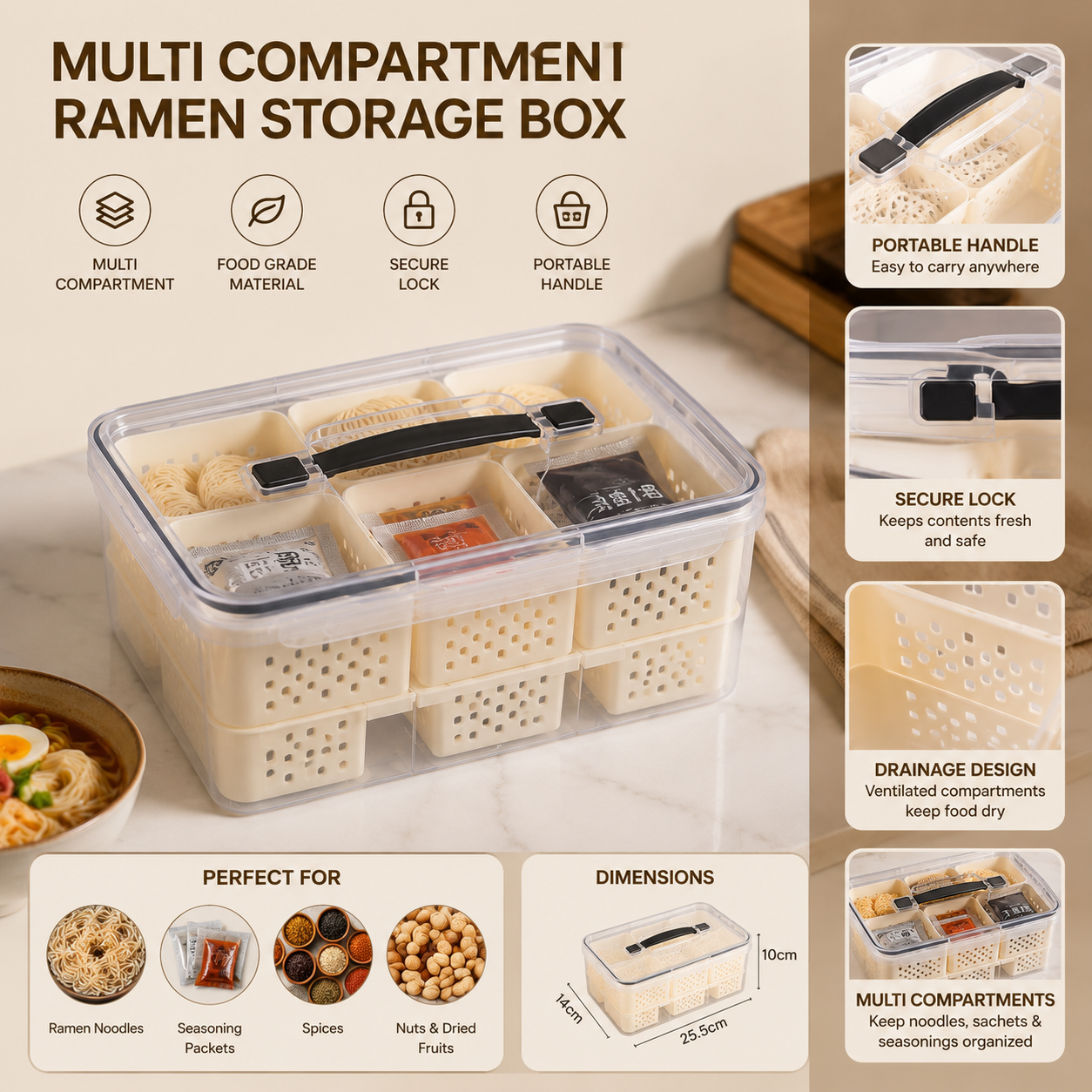 Multi Compartment Food Storage Box, 6 Compartments Food Storage Organizer Box, Kitchen Food Storage Container with Lid