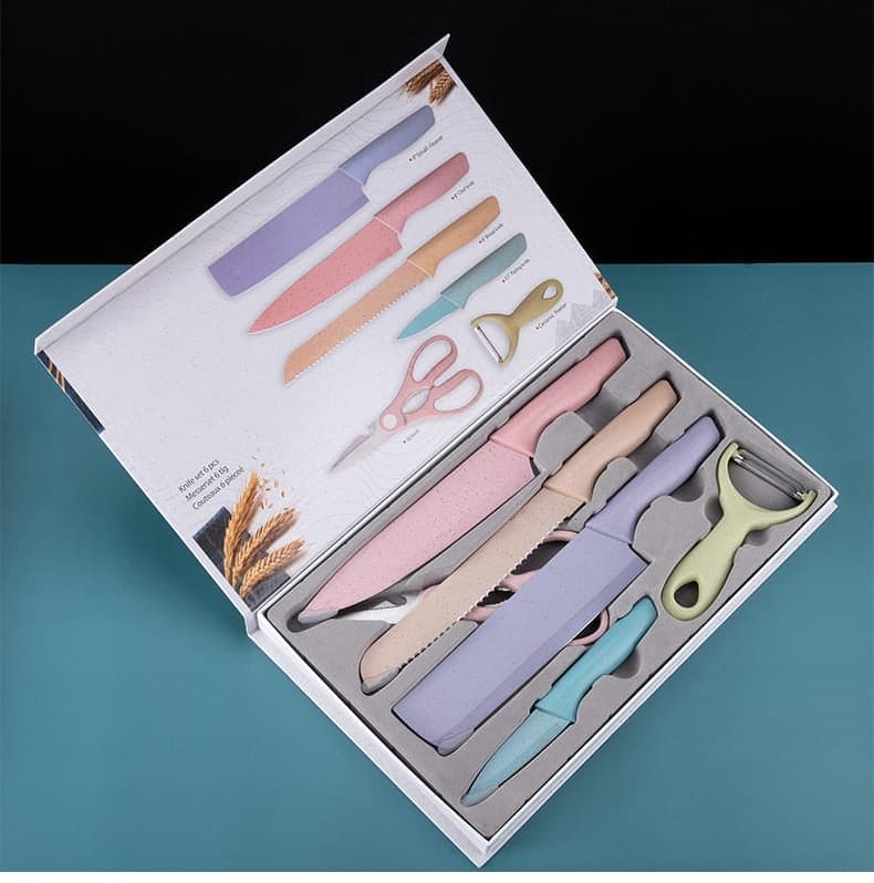 Set Of 6 Macarons Colorful Knife Set, Non-stick Kitchen Knives Set with 1 Scissor & 1 Peeler Stand and Chopping Board, Multicolor Rust-proof Boxed Knife Sets