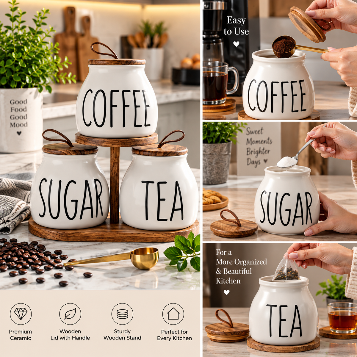 3pcs Coffee Sugar Canister with Wooden Stand, Elegant Tea Coffee Sugar Container Set, Ceramic Kitchen Storage Jars with Wooden Lids, Tea Coffee Sugar Jar Set with Wooden Rack