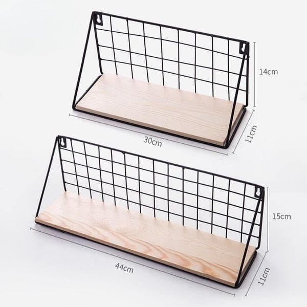 Set Of 2 Versatile Floating Wooden Shelf, Nordic Style Iron Wall Dormitory Stand, Multipurpose Home Organization Rack, Iron Kitchen Bathroom Shelf, Black Wire and Natural Wood Shelf, Home Decorative Hanging Grid Basket, Wall Art Shelve Flower Pot Stand