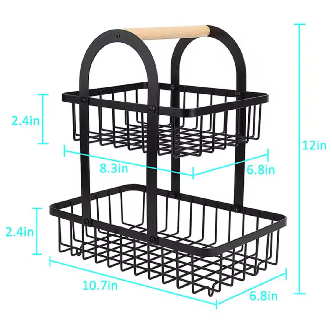 2 Tier Iron Fruit Basket With Wooden Handle, Kitchen Countertop Storage Rack, Wrought Iron Detachable Storage Holder