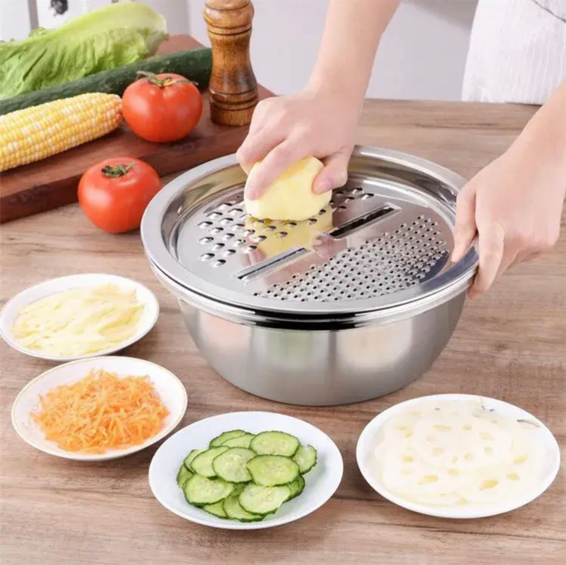 Stainless Steel 3 in 1 Colanders Basin, Multifunctional Vegetable Slicer Graters, Thickened Drainage Basin