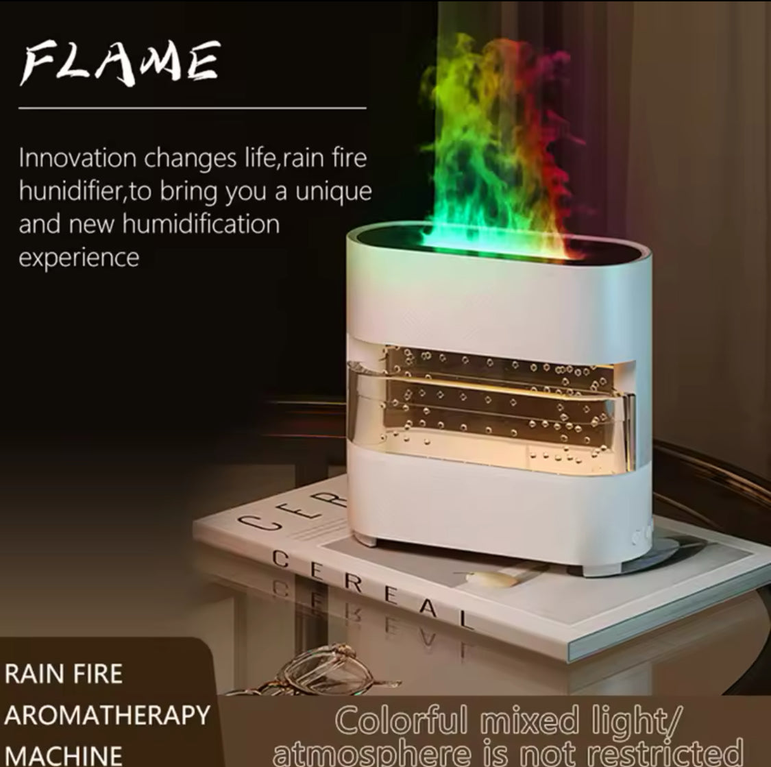 Rain Drops Simulation Flame Humidifier, Colourful Rain And Fire Aroma Diffuser, Dynamic  Flame Air Humidifier