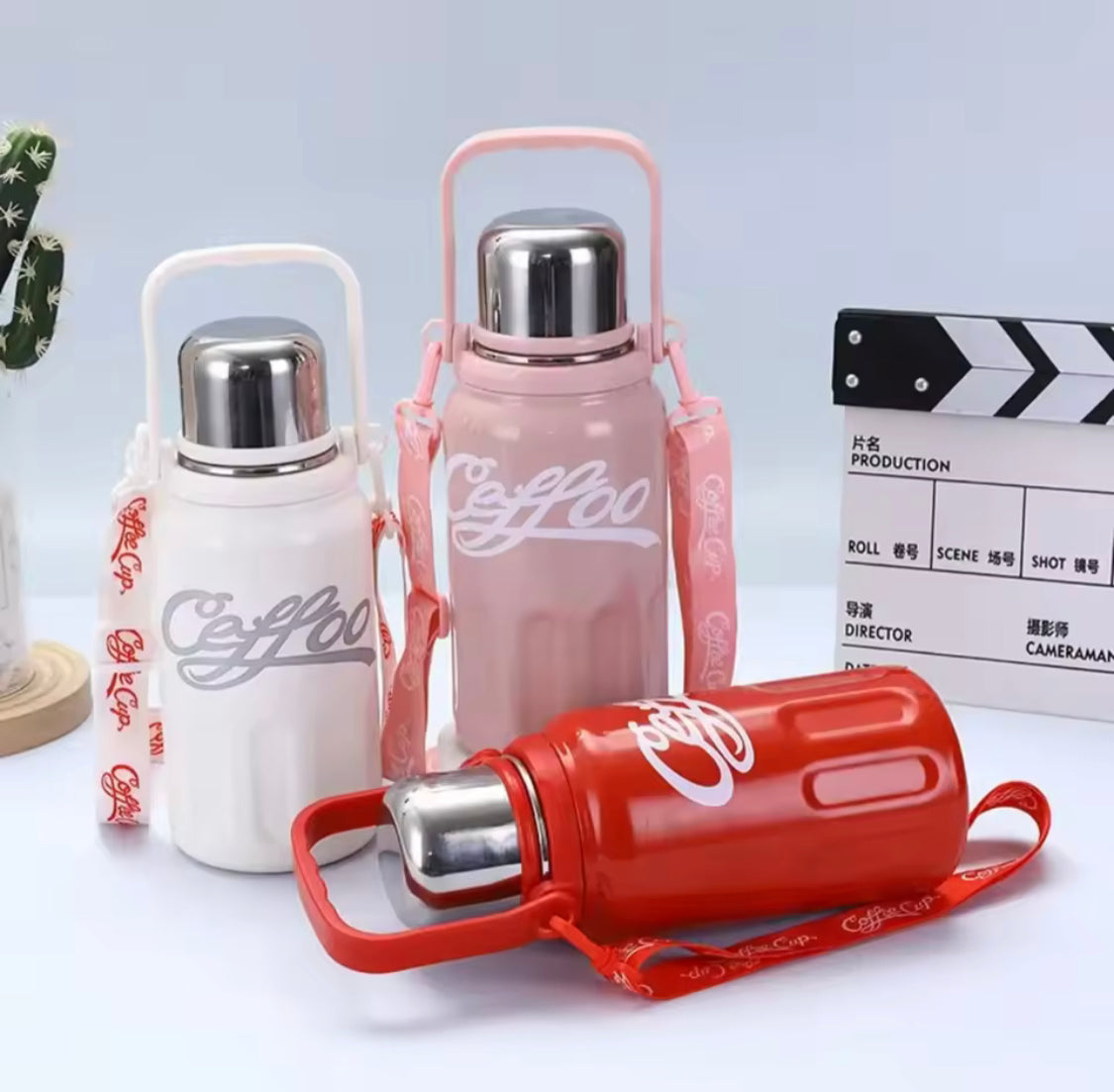 Coke Style Large Capacity Thermos, Stainless Steel Strap Water Bottle, Portable Insulated Water Bottle