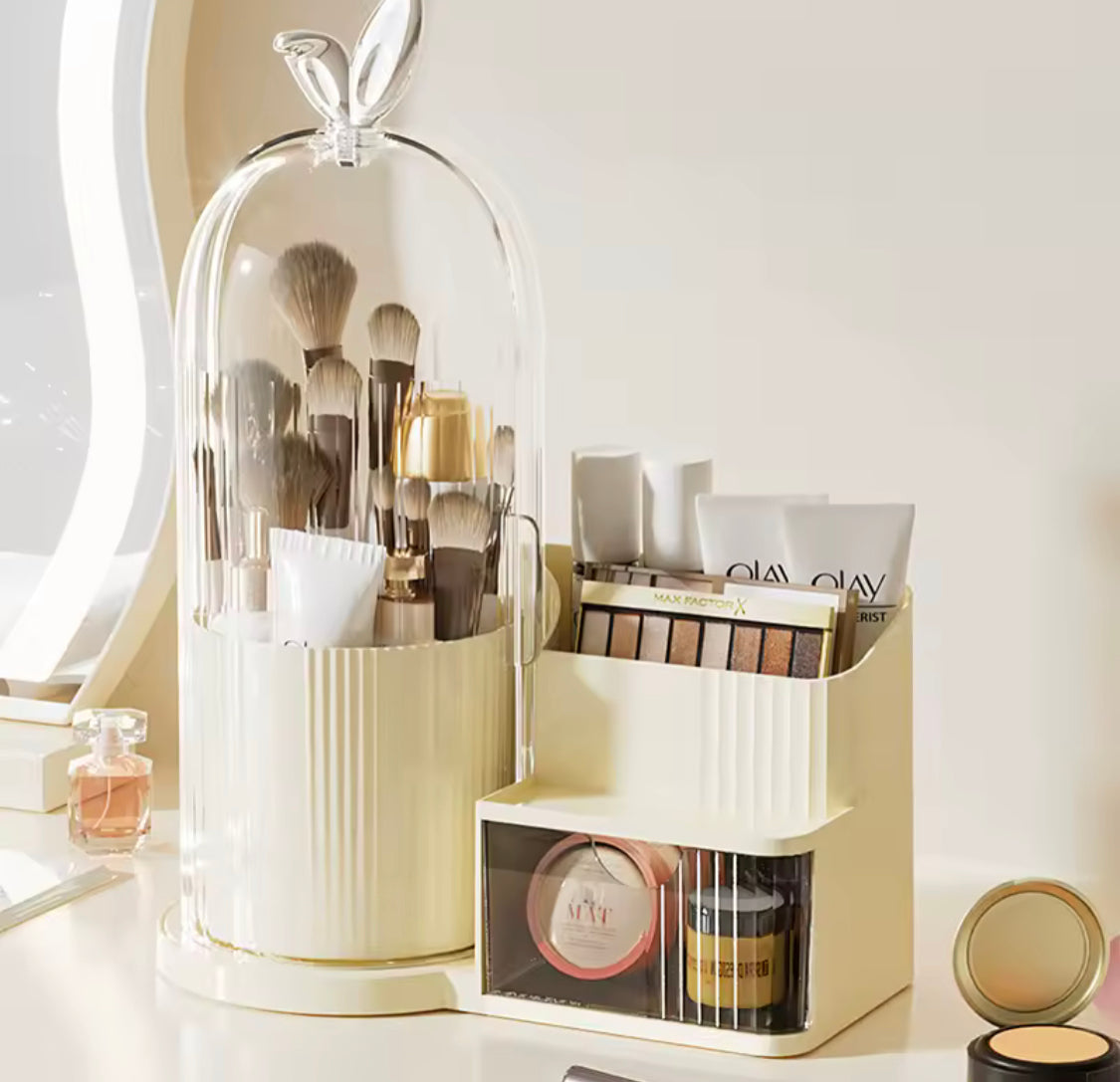 360 Rotating Makeup Organizer With Dustproof Cover, Multi Layer Cosmetic Storage Box with Drawer, Cage Shape Brush Organizer, Lipstick and Eyebrow Pencil Holder