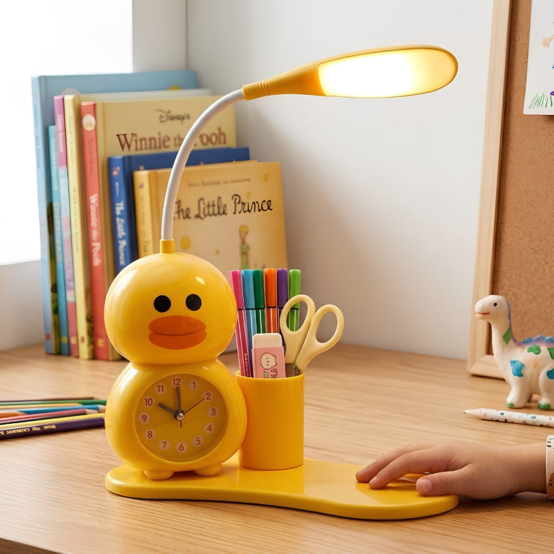 Cute LED Desk Lamp with Clock And Pen Holder, Kids LED Reading Lamp with Clock & Desk Organizer, Adjustable Duck LED Study Light for Kids