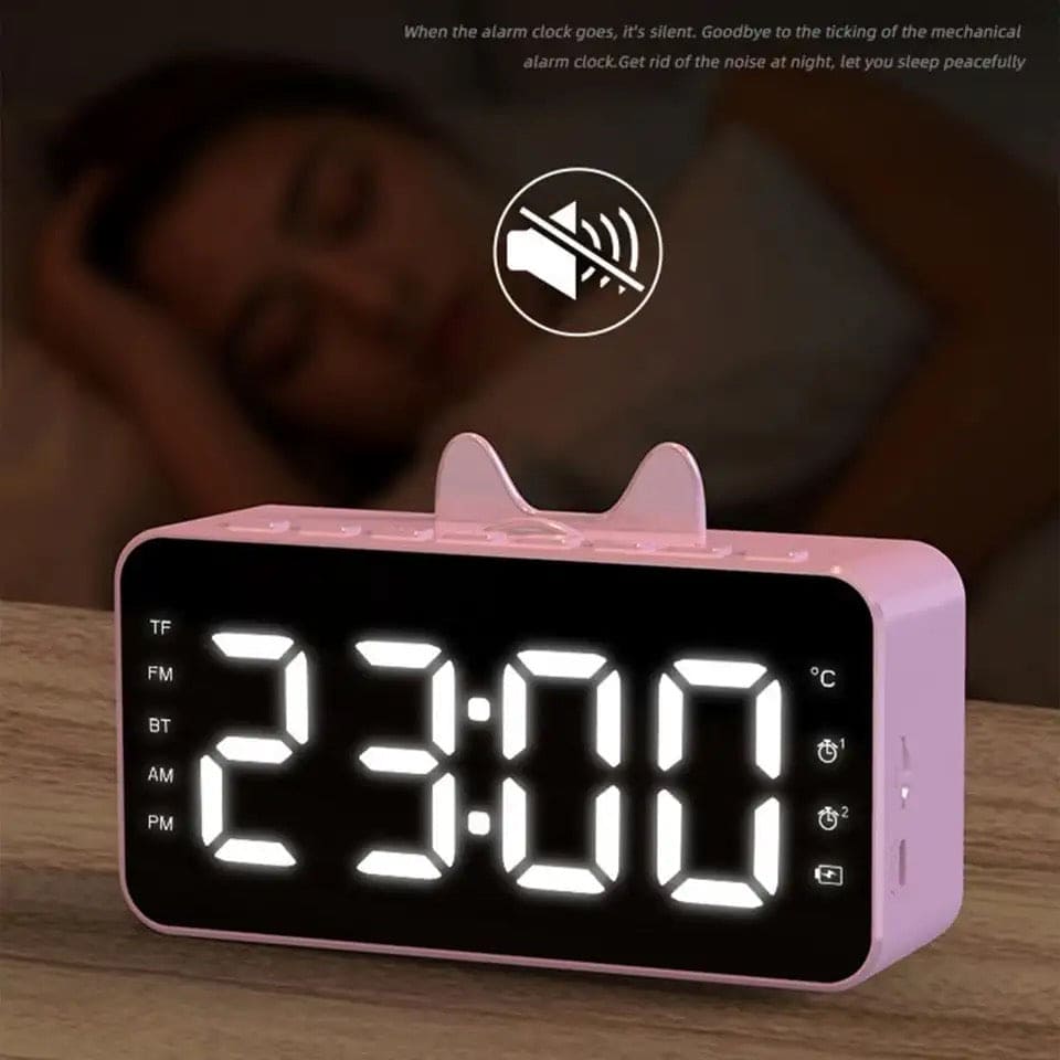 Cat Ear Alarm Clock, Speaker Wireless Mirror Digital Display Smart Sound Box, TF FM Radio Mobile Phone Stand Sound Bar, Multifunction Alarm Radio Desk Clock, Cute Wireless Bluetooth Speaker Clock